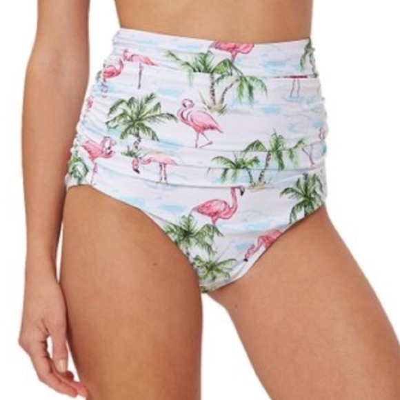 Marilyn Monroe Swim Pushup Ruched 2-Piece Swimsuit Flamingo Print M High Rise - Picture 4 of 11